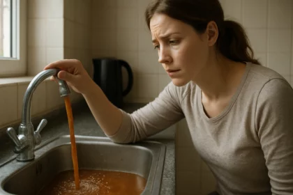 Žena skúma hrdzavú vodu z vodovodného kohútika v kuchyni.