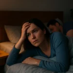 Žena ležiaca v posteli, bezradná kvôli nespavosti s časom 3:21 na budíku