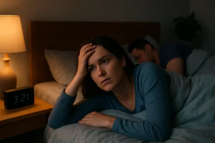 Žena ležiaca v posteli, bezradná kvôli nespavosti s časom 3:21 na budíku