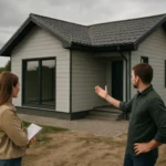 Dvojica diskutuje o montovanom dome v prírode.