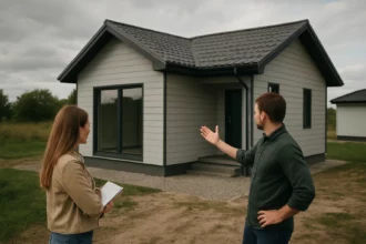 Dvojica diskutuje o montovanom dome v prírode.