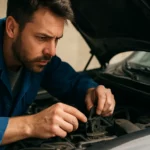 Mechanik kontroluje zámok kapoty auta pre jeho údržbu a bezpečnosť.