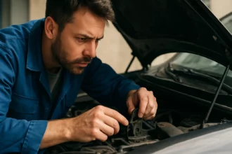 Mechanik kontroluje zámok kapoty auta pre jeho údržbu a bezpečnosť.