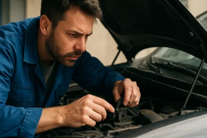 Mechanik kontroluje zámok kapoty auta pre jeho údržbu a bezpečnosť.