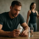 Muž uvažujúci nad taurinovými doplnkami pre lepšiu výkonnosť a zdravie.