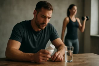 Muž uvažujúci nad taurinovými doplnkami pre lepšiu výkonnosť a zdravie.