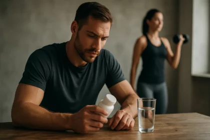 Muž uvažujúci nad taurinovými doplnkami pre lepšiu výkonnosť a zdravie.
