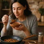 Žena ochutnáva zdravé korenie v kuchyni pri varení.