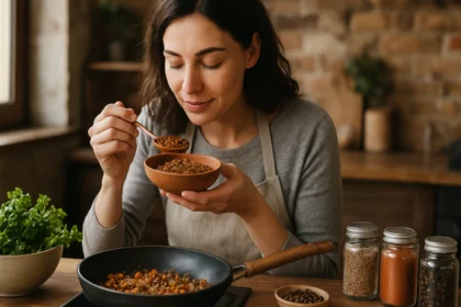 Žena ochutnáva zdravé korenie v kuchyni pri varení.