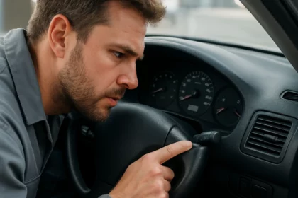 Muž kontroluje ukazovateľ hladiny paliva v aute