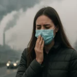 Žena s ochrannou maskou v znečistenom ovzduší