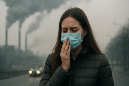 Žena s ochrannou maskou v znečistenom ovzduší