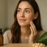 Žena sa stará o pokožku s použitím prírodných produktov a vitamínov.