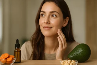 Žena sa stará o pokožku s použitím prírodných produktov a vitamínov.