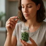 Žena si prezerá prasličkové kapsuly v sklenenej nádobe.