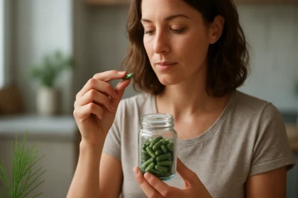 Žena si prezerá prasličkové kapsuly v sklenenej nádobe.