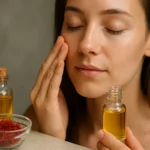 Žena sa stará o pleť s šafranovým olejom a sušeným šafranom.