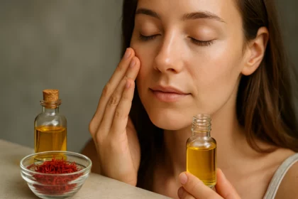 Žena sa stará o pleť s šafranovým olejom a sušeným šafranom.