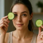 Žena s plátkami uhorky na očiach, zdôrazňujúca krásu pleti.