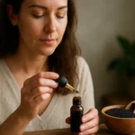 Žena aplikuje olej z čiernej rasce.