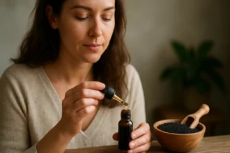 Žena aplikuje olej z čiernej rasce.