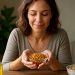 Žena so šťastným výrazom držiaca misu s lecitínovými guľôčkami.