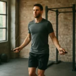 Muž cvičí so švihadlom v posilňovni