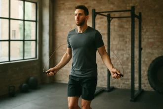 Muž cvičí so švihadlom v posilňovni