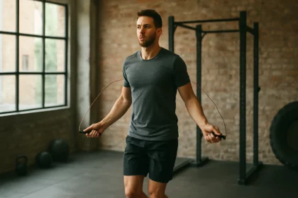 Muž cvičí so švihadlom v posilňovni