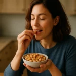 Žena si vychutnáva slané arašidy v kuchyni