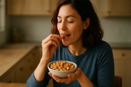 Žena si vychutnáva slané arašidy v kuchyni