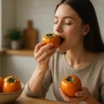 Žena si užíva hurmikaki v kuchyni