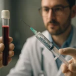 Zariadenie s heparínom a krvná vzorka v laboratóriu