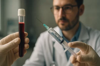 Zariadenie s heparínom a krvná vzorka v laboratóriu