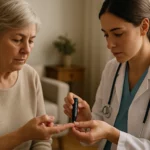 Lekár monitoruje hladinu cukru v krvi u pacienta s cukrovkou