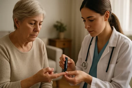 Lekár monitoruje hladinu cukru v krvi u pacienta s cukrovkou