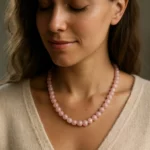 Žena nosí ruženínový náhrdelník, symbol lásky a harmónie.