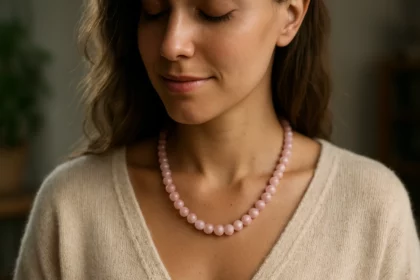 Žena nosí ruženínový náhrdelník, symbol lásky a harmónie.