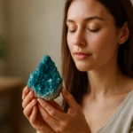 Žena drži dioptázový kameň a užíva si jeho liečivé účinky.