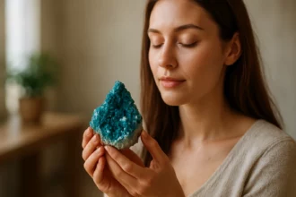 Žena drži dioptázový kameň a užíva si jeho liečivé účinky.
