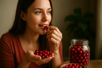 Žena si pochutnáva na čerstvých brusniciach pri stole.