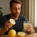 Muž vychutnáva biely grapefruit a jeho šťavu na posilnenie zdravia