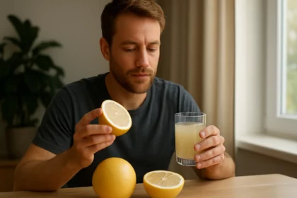 Muž vychutnáva biely grapefruit a jeho šťavu na posilnenie zdravia