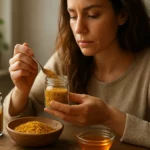 Žena pripravuje sušený kvetový peľ v kuchyni.