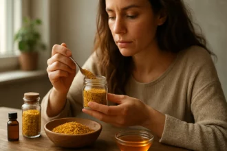 Žena pripravuje sušený kvetový peľ v kuchyni.