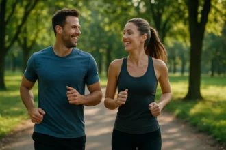 Pár bežiaci v parku, symbolizujúci zdravý životný štýl.
