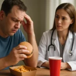 Muž s burgerom a žena doktorka diskutujú o zdravej výžive.