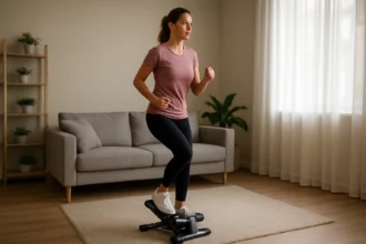 Žena cvičí na mini stepperi v obývacej izbe, podporuje zdravie a kondíciu.