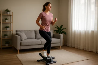 Žena cvičí na mini stepperi v obývacej izbe, podporuje zdravie a kondíciu.