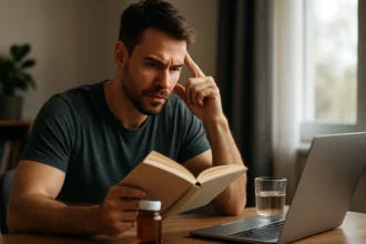 Muž študuje s knihou a počítačom, zameriava sa na učenie a pamäť.